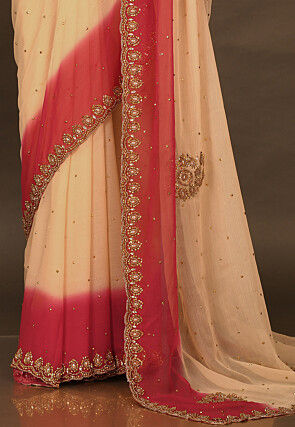 Hand Embroidered Chiffon Saree in Beige
