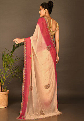 Hand Embroidered Chiffon Saree in Beige