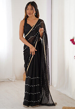 Hand Embroidered Chiffon Saree in Black