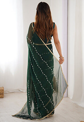 Hand Embroidered Chiffon Saree in Dark Green