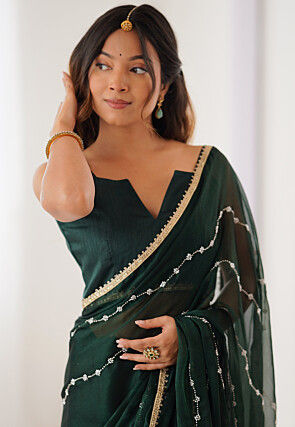Hand Embroidered Chiffon Saree in Dark Green