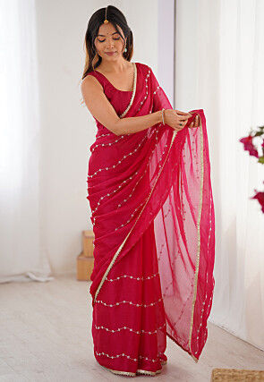 Hand Embroidered Chiffon Saree in Fuchsia