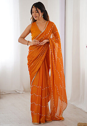 Hand Embroidered Chiffon Saree in Orange