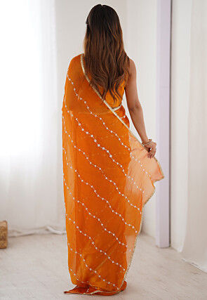 Hand Embroidered Chiffon Saree in Orange