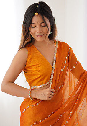 Hand Embroidered Chiffon Saree in Orange