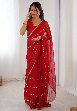 Hand Embroidered Chiffon Saree in Red