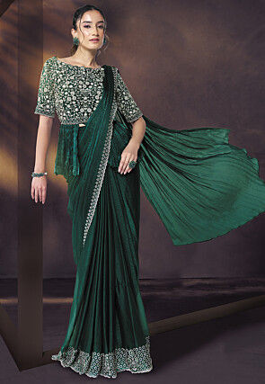 Pre Stitched Chiffon Shimmer Saree in Dark Green