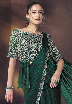 Pre Stitched Chiffon Shimmer Saree in Dark Green
