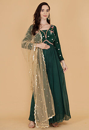 Hand Embroidered Chinon Chiffon Abaya Style Suit in Dark Green