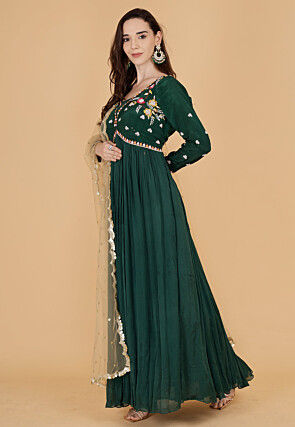 Hand Embroidered Chinon Chiffon Abaya Style Suit in Dark Green