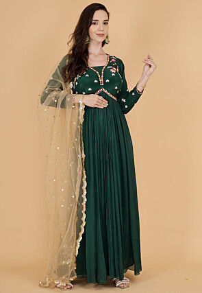 Hand Embroidered Chinon Chiffon Abaya Style Suit in Dark Green
