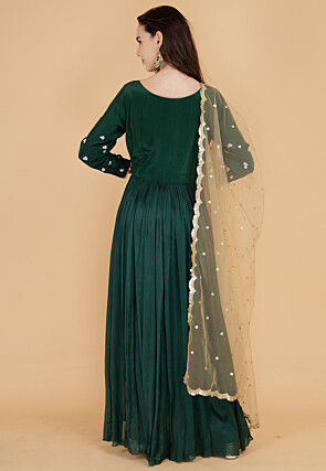Hand Embroidered Chinon Chiffon Abaya Style Suit in Dark Green