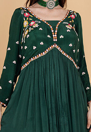 Hand Embroidered Chinon Chiffon Abaya Style Suit in Dark Green