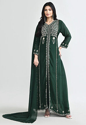 Hand Embroidered Chinon Chiffon Abaya Style Suit in Dark Green