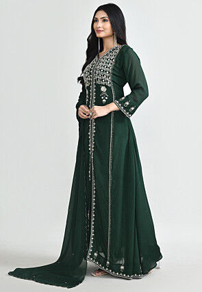 Hand Embroidered Chinon Chiffon Abaya Style Suit in Dark Green
