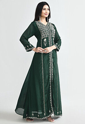 Hand Embroidered Chinon Chiffon Abaya Style Suit in Dark Green