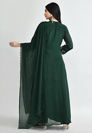 Hand Embroidered Chinon Chiffon Abaya Style Suit in Dark Green