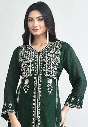 Hand Embroidered Chinon Chiffon Abaya Style Suit in Dark Green