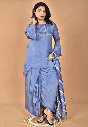 Hand Embroidered Chinon Chiffon Asymmetric Tunic Set in Blue