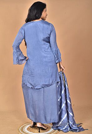 Hand Embroidered Chinon Chiffon Asymmetric Tunic Set in Blue