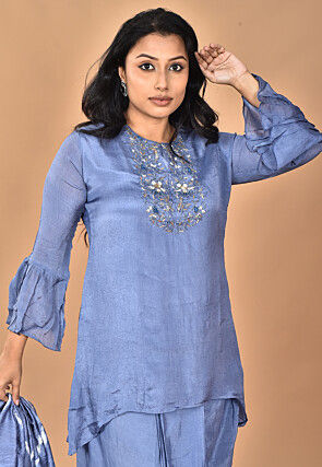 Hand Embroidered Chinon Chiffon Asymmetric Tunic Set in Blue