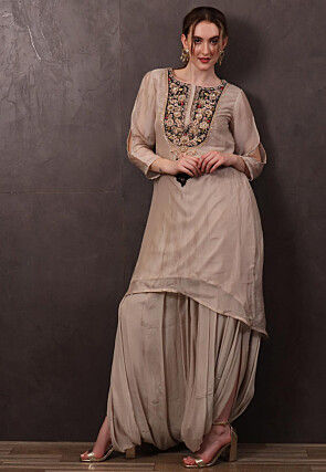 Hand Embroidered Chinon Chiffon Asymmetric Tunic Set in Fawn