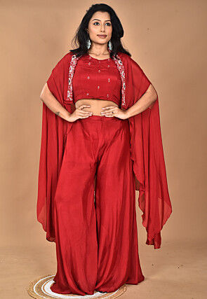 Hand Embroidered Chinon Chiffon Crop Top Set in Maroon