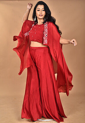 Hand Embroidered Chinon Chiffon Crop Top Set in Maroon