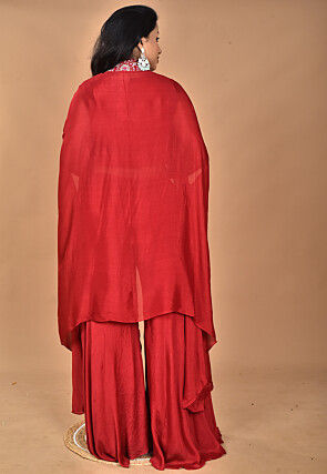 Hand Embroidered Chinon Chiffon Crop Top Set in Maroon