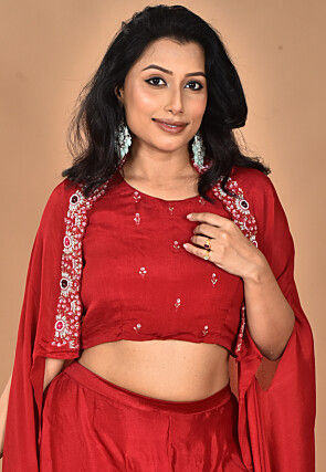 Hand Embroidered Chinon Chiffon Crop Top Set in Maroon