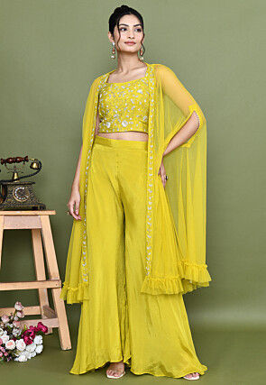 Hand Embroidered Chinon Chiffon Crop Top Set in Mustard