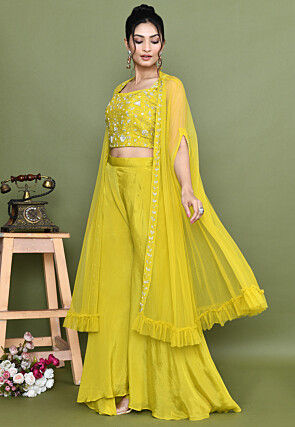 Hand Embroidered Chinon Chiffon Crop Top Set in Mustard