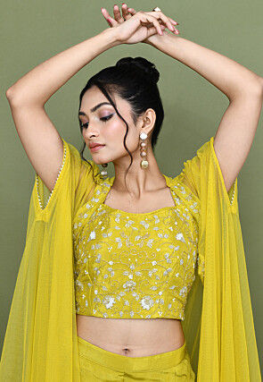 Hand Embroidered Chinon Chiffon Crop Top Set in Mustard