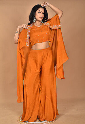 Hand Embroidered Chinon Chiffon Crop Top Set in Orange