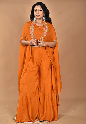 Hand Embroidered Chinon Chiffon Crop Top Set in Orange