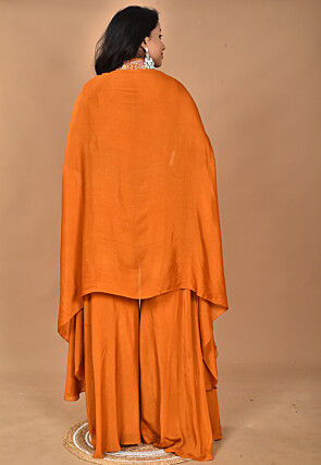 Hand Embroidered Chinon Chiffon Crop Top Set in Orange