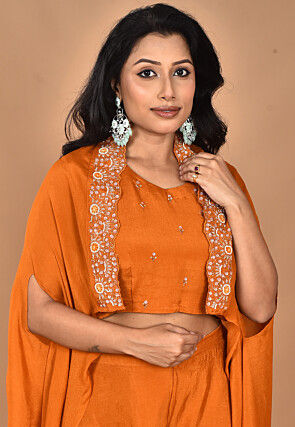 Hand Embroidered Chinon Chiffon Crop Top Set in Orange