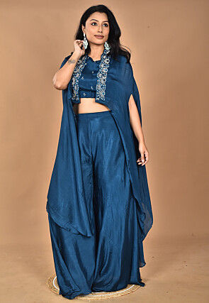 Hand Embroidered Chinon Chiffon Crop Top Set in Teal Blue