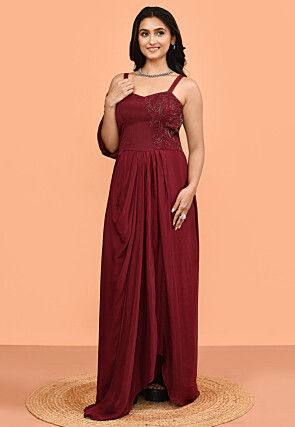 Hand Embroidered Chinon Chiffon Gown in Maroon