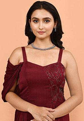 Hand Embroidered Chinon Chiffon Gown in Maroon