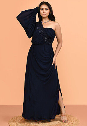 Hand Embroidered Chinon Chiffon Gown in Navy Blue