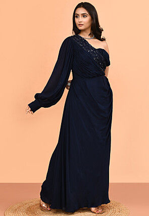 Hand Embroidered Chinon Chiffon Gown in Navy Blue