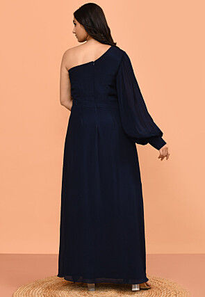 Hand Embroidered Chinon Chiffon Gown in Navy Blue