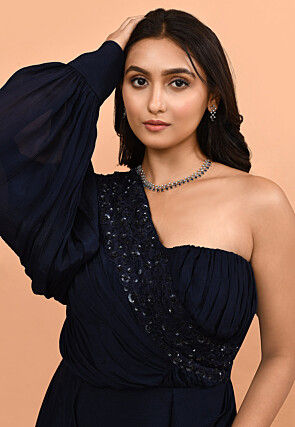 Hand Embroidered Chinon Chiffon Gown in Navy Blue