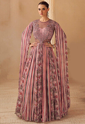 Hand Embroidered Chinon Chiffon Gown in Pink