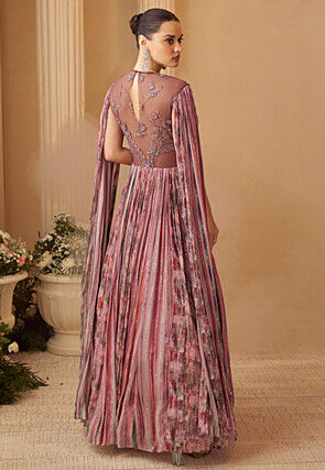 Hand Embroidered Chinon Chiffon Gown in Pink