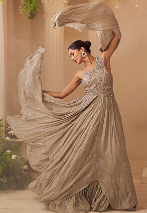 Hand Embroidered Chinon Chiffon Gown with Attached Dupatta in Fawn