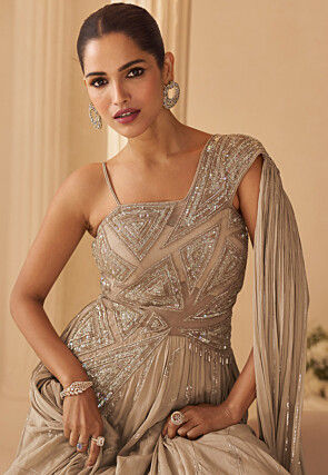 Hand Embroidered Chinon Chiffon Gown with Attached Dupatta in Fawn