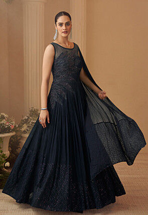 Hand Embroidered Chinon Chiffon Gown with in Navy Blue