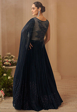 Hand Embroidered Chinon Chiffon Gown with in Navy Blue